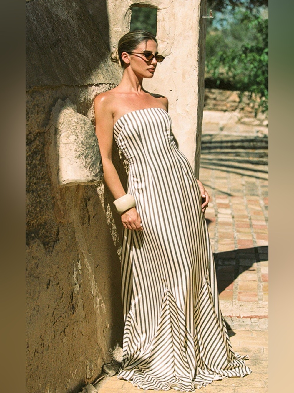 PrettyLittleThing Cream and Black Strapless Maxi Dress